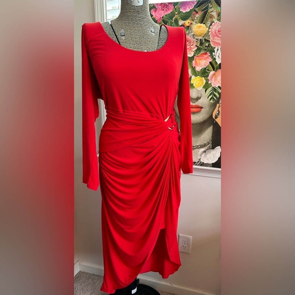 ELOQUII RED JERSEY ASYMMETRICAL SHIRRED LONG SLEEVE DRESS, GOLD DETAILING Sz. 20 - Picture 2 of 5